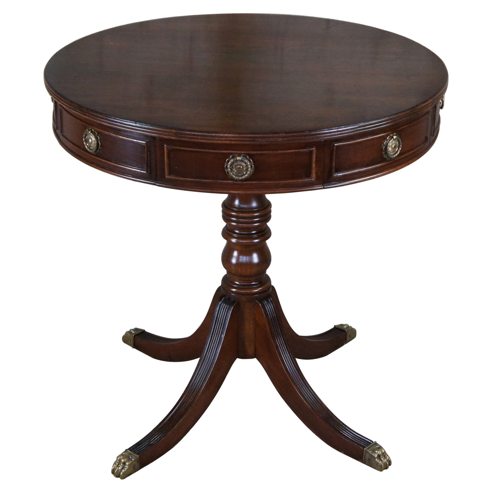 Vintage Duncan Phyfe Sheraton Style Round Walnut Pedestal Side Center Drum Table