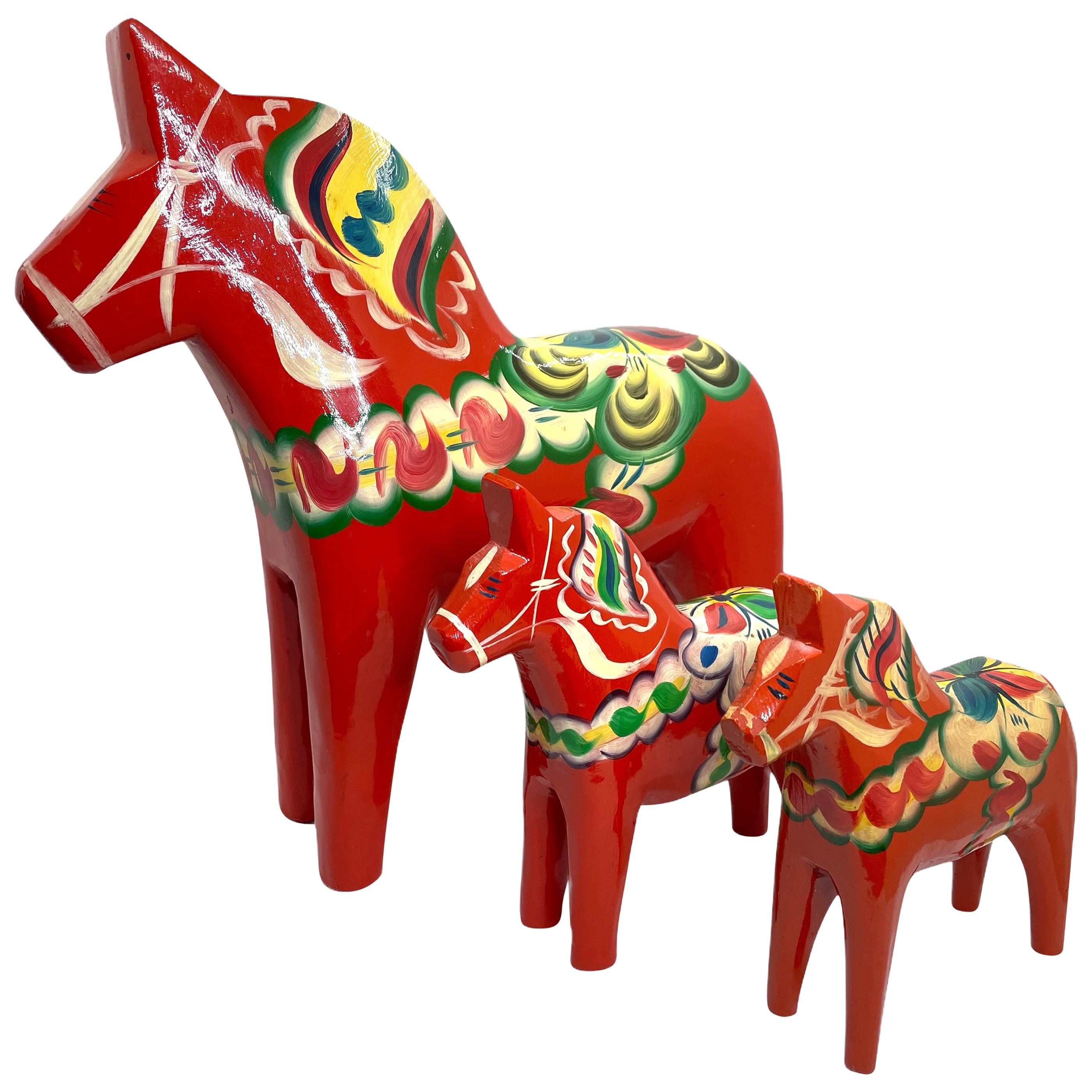 Collection of Three Vintage Swedish Dala Horses by Nils Olsson, Sweden Folk Art