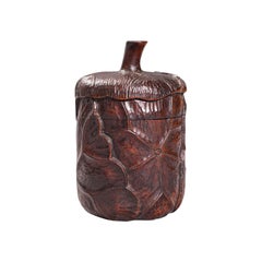 Small Antique Lidded Pot, Oriental, Chinese Elm, Carved Treen, Victorian, C.1900