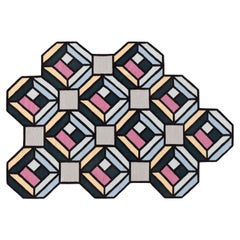 Kilim Technique Parquet Tetragon Small Rug in Blue by Front