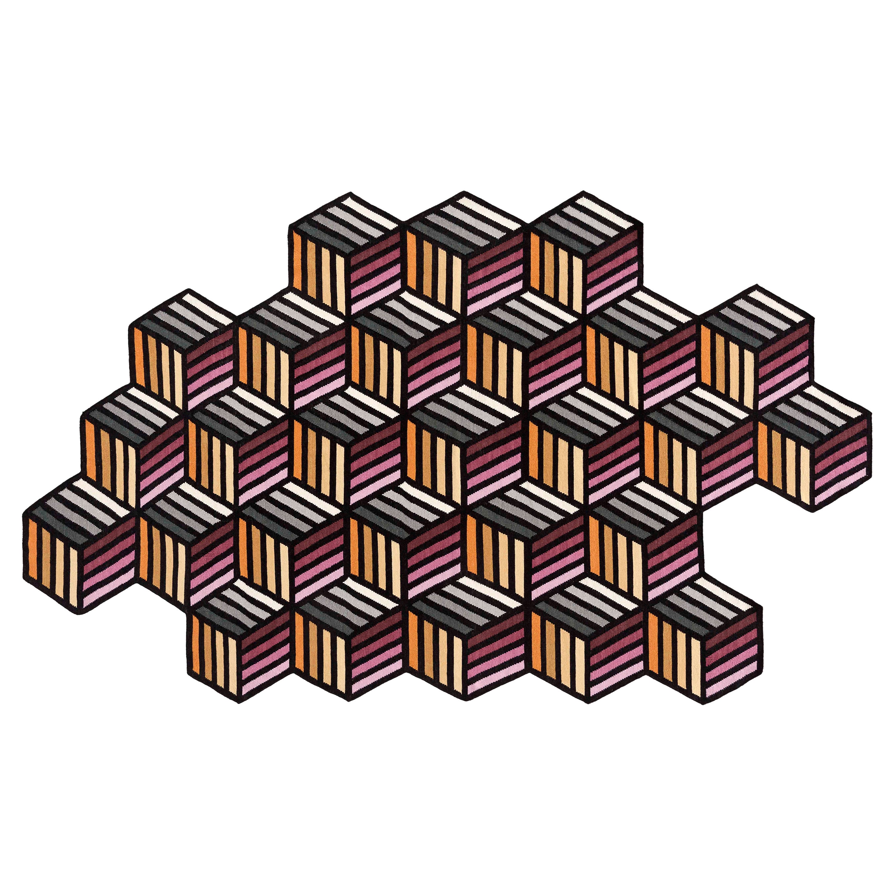 Grand tapis hexagonal en parquet Kilim Technique en orange à l'avant