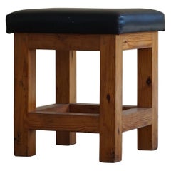 Vintage Mid century Danish brutalist solid pine stool with leather upholstery, 1960s