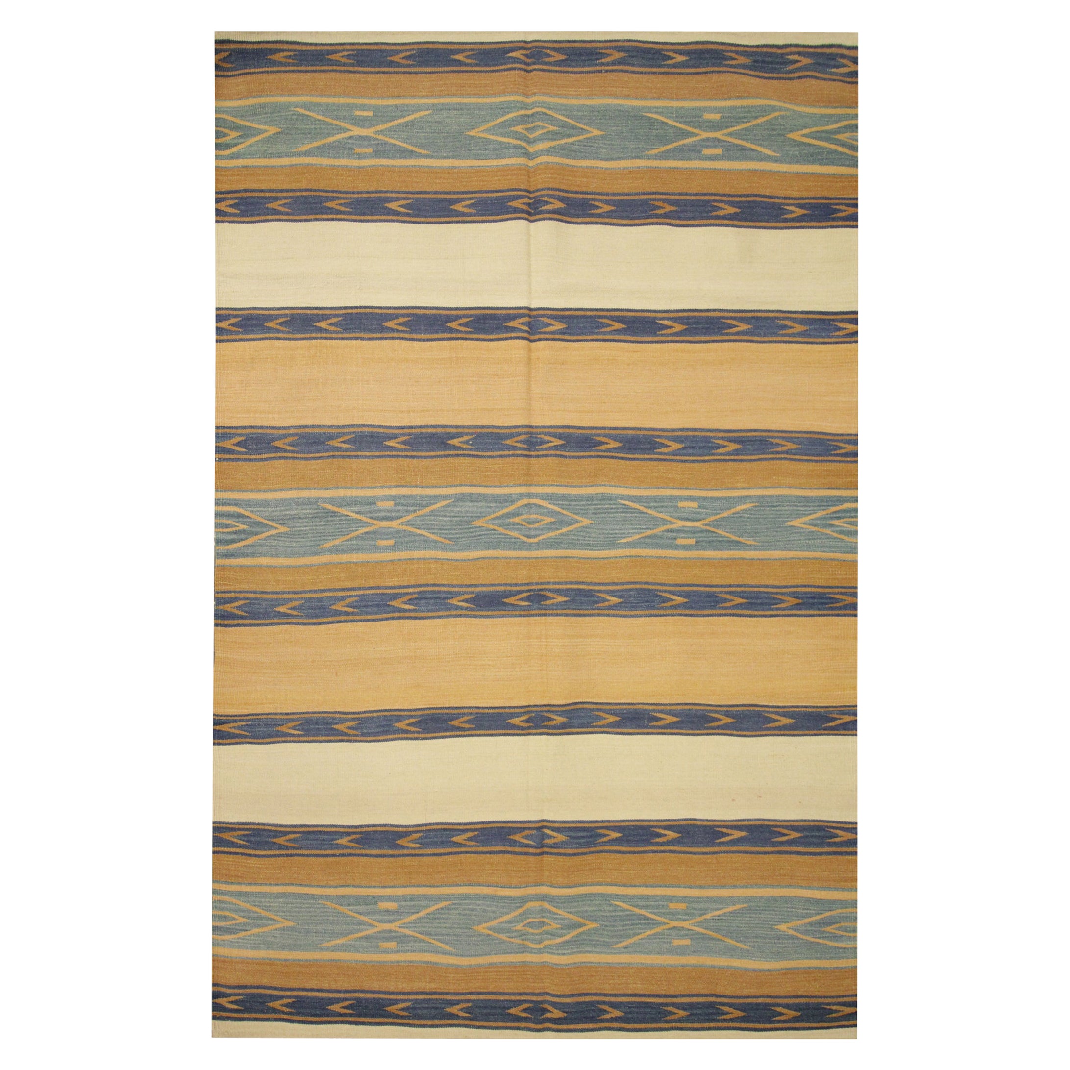 Moderner moderner gestreifter Wollteppich mit Kelim-Muster in Creme und Blau – 122x183 cm 