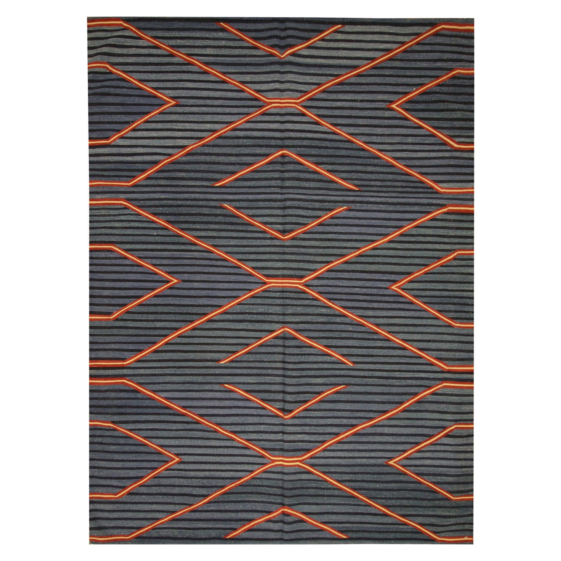 Geometric Kilim Rug Modern Striped Carpet Blue Flatwoven Wool Area Rug