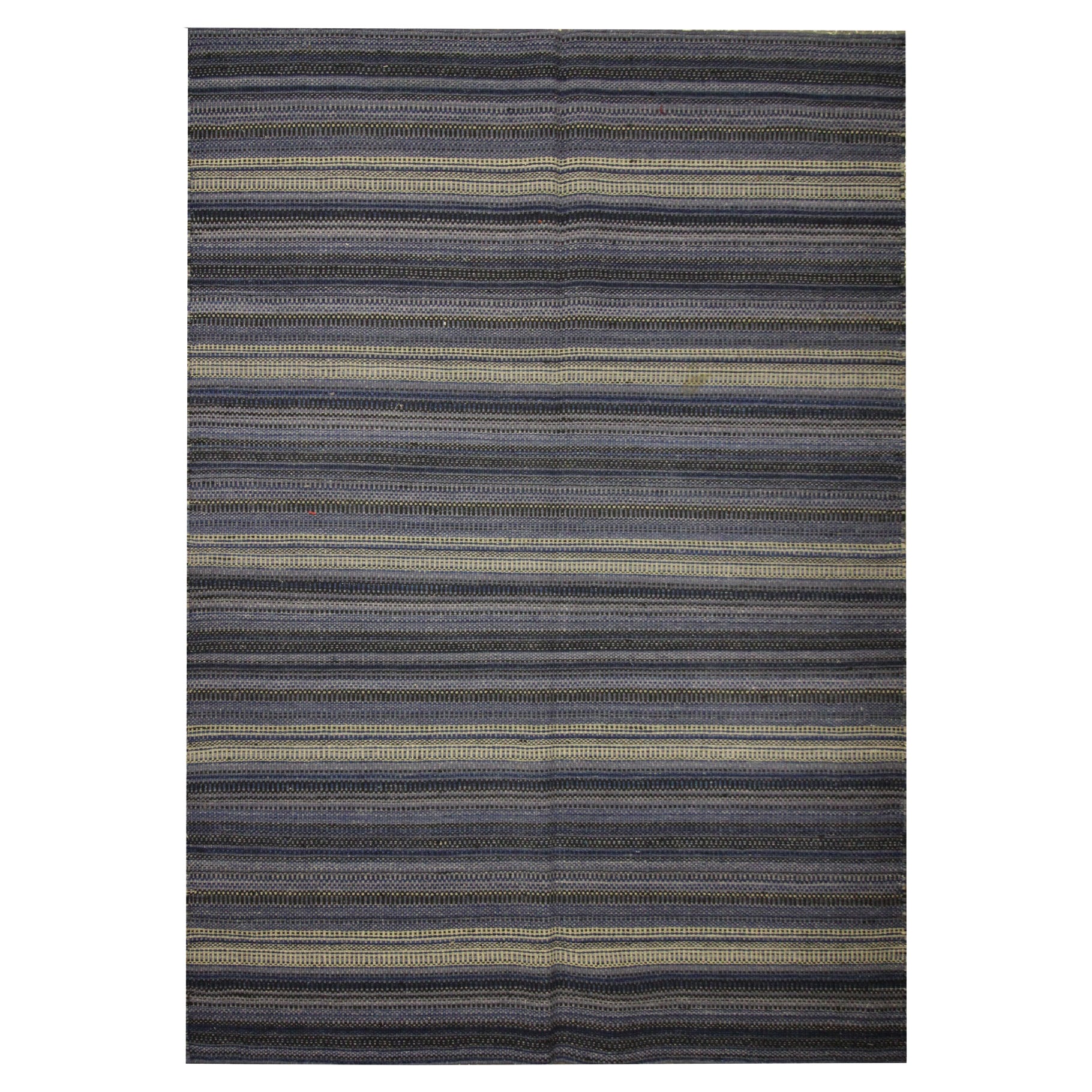 Blue Striped Rug Kilim Area Rug Handwoven Modern Carpet Wool Rug- 122x183cm  For Sale