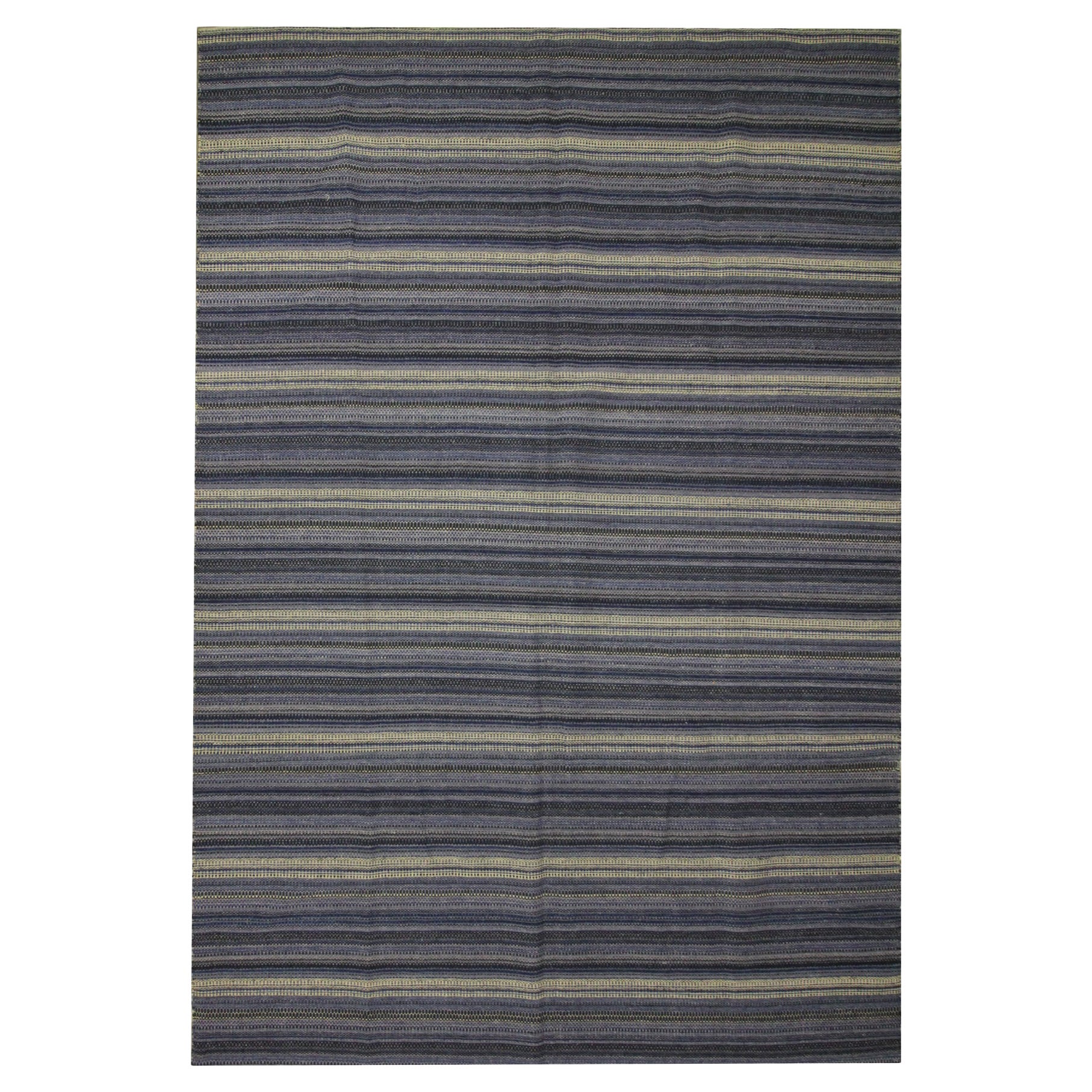 Modern Kilim Rug Blue Wool Carpet Striped Rug Kilim Flat-Woven Area Rug