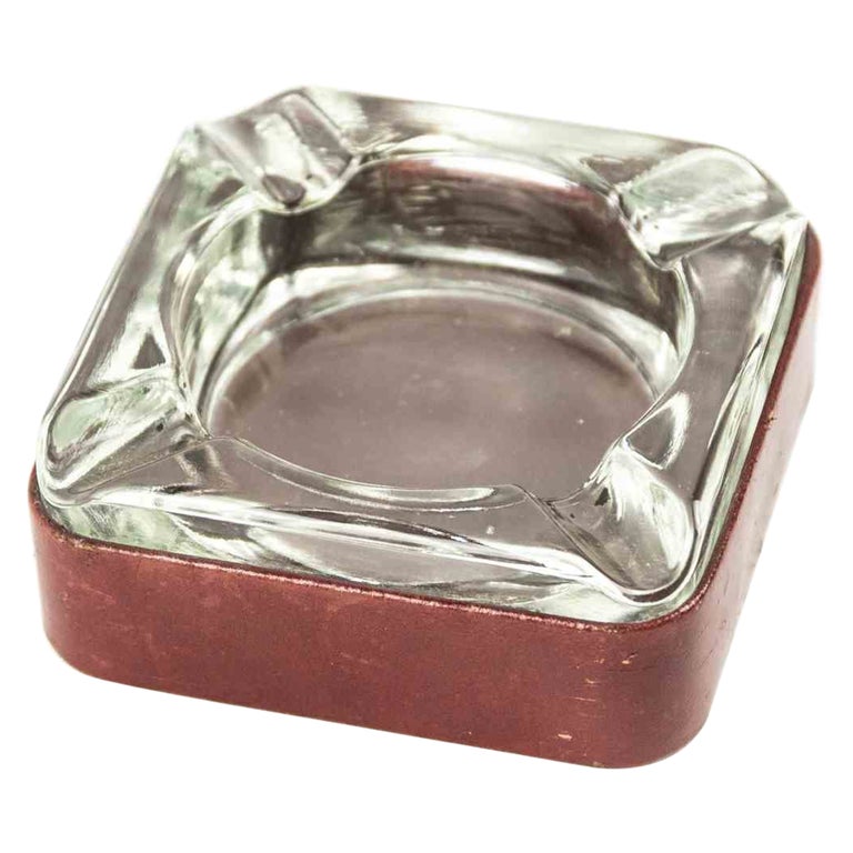 Vintage Leather and Glass Ashtray, 1970s For Sale