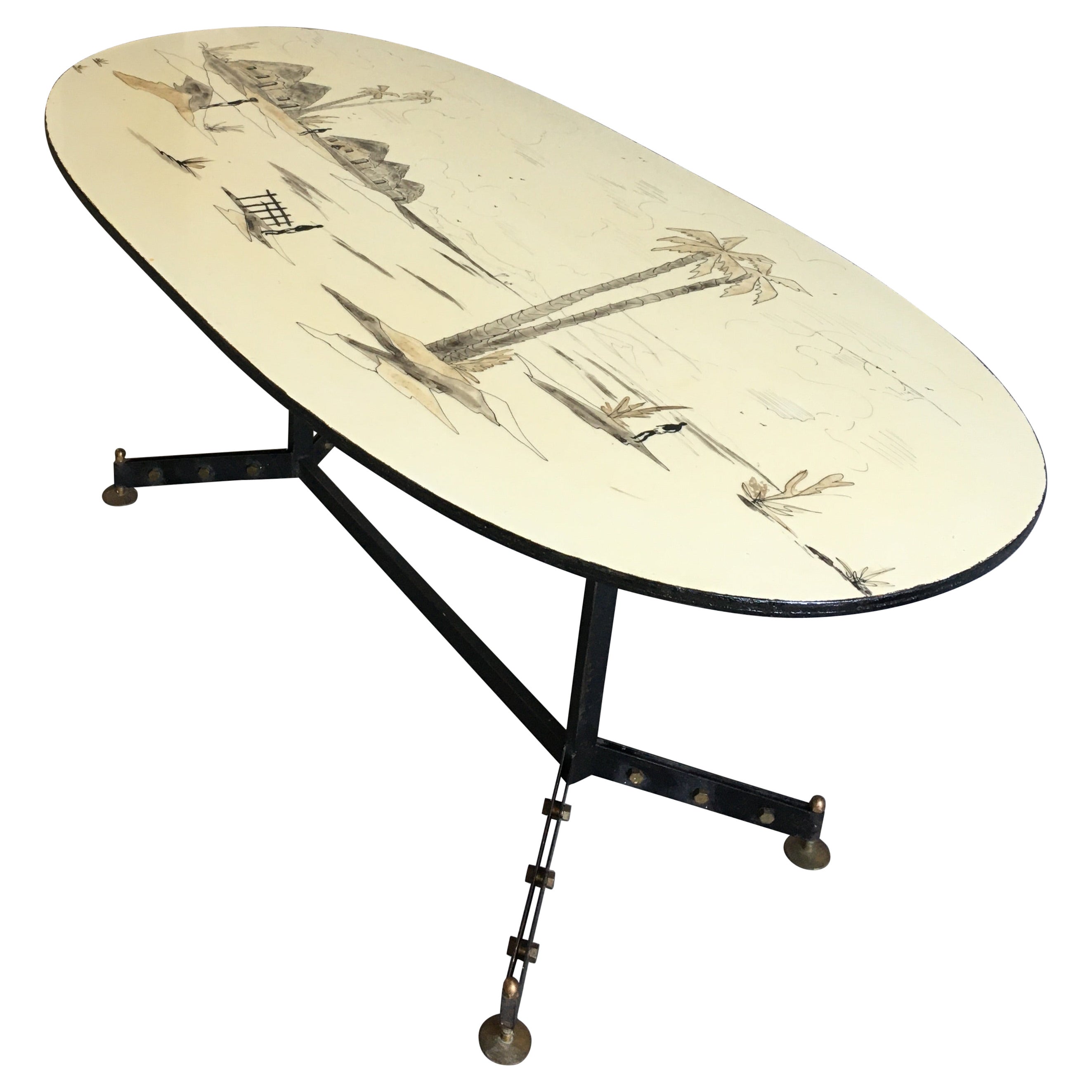 Mid-Century Modern French Dining Table with African Landscape Decorations, 1960s For Sale
