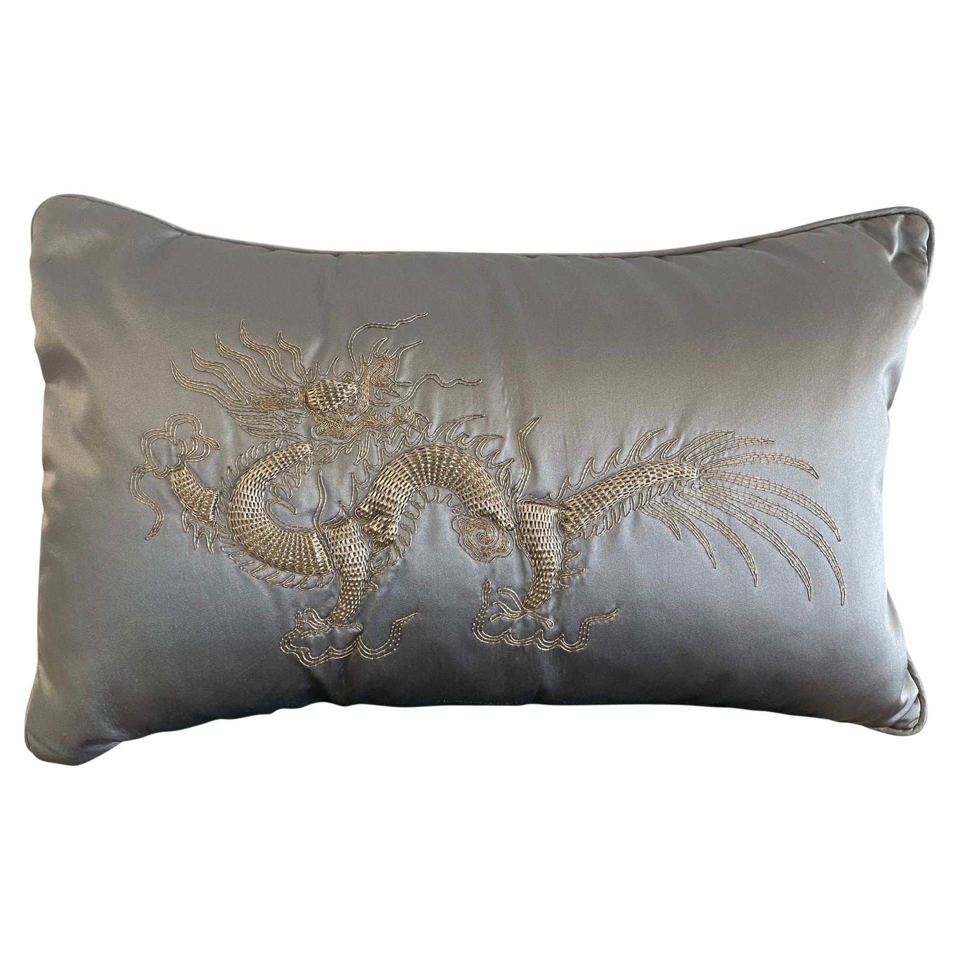 SIlver Grey Silk Satin Cushion Dragon Hand Embroidery Silver Thread For Sale