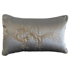 SIlver Grey Silk Satin Cushion Dragon Hand Embroidery Silver Thread