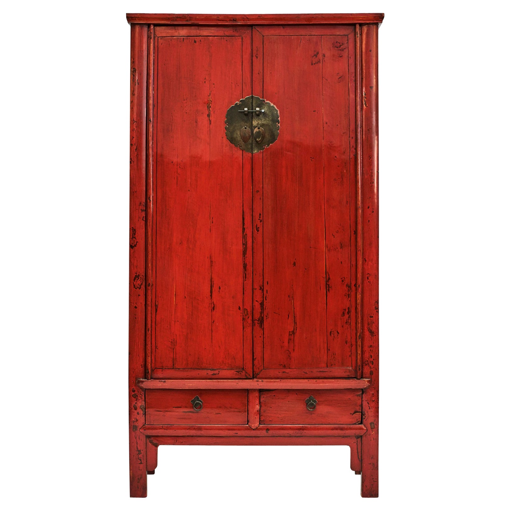 Chinese Ming Style Red Lacquered Wardrobe with Drawers and Shelves