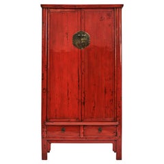 Antique Chinese Ming Style Red Lacquered Wardrobe with Drawers and Shelves