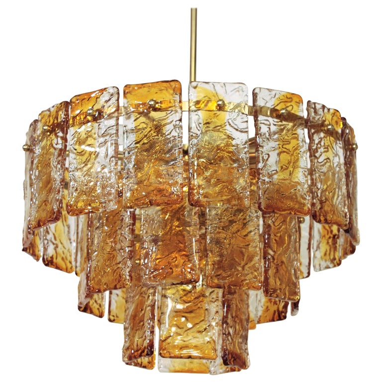 Italian Mazzega Murano Chandelier in Amber and Clear Glass For Sale