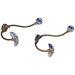 Retro Wall Double Metal Brass Hook with Porcelain Dutch Delft Style Finals