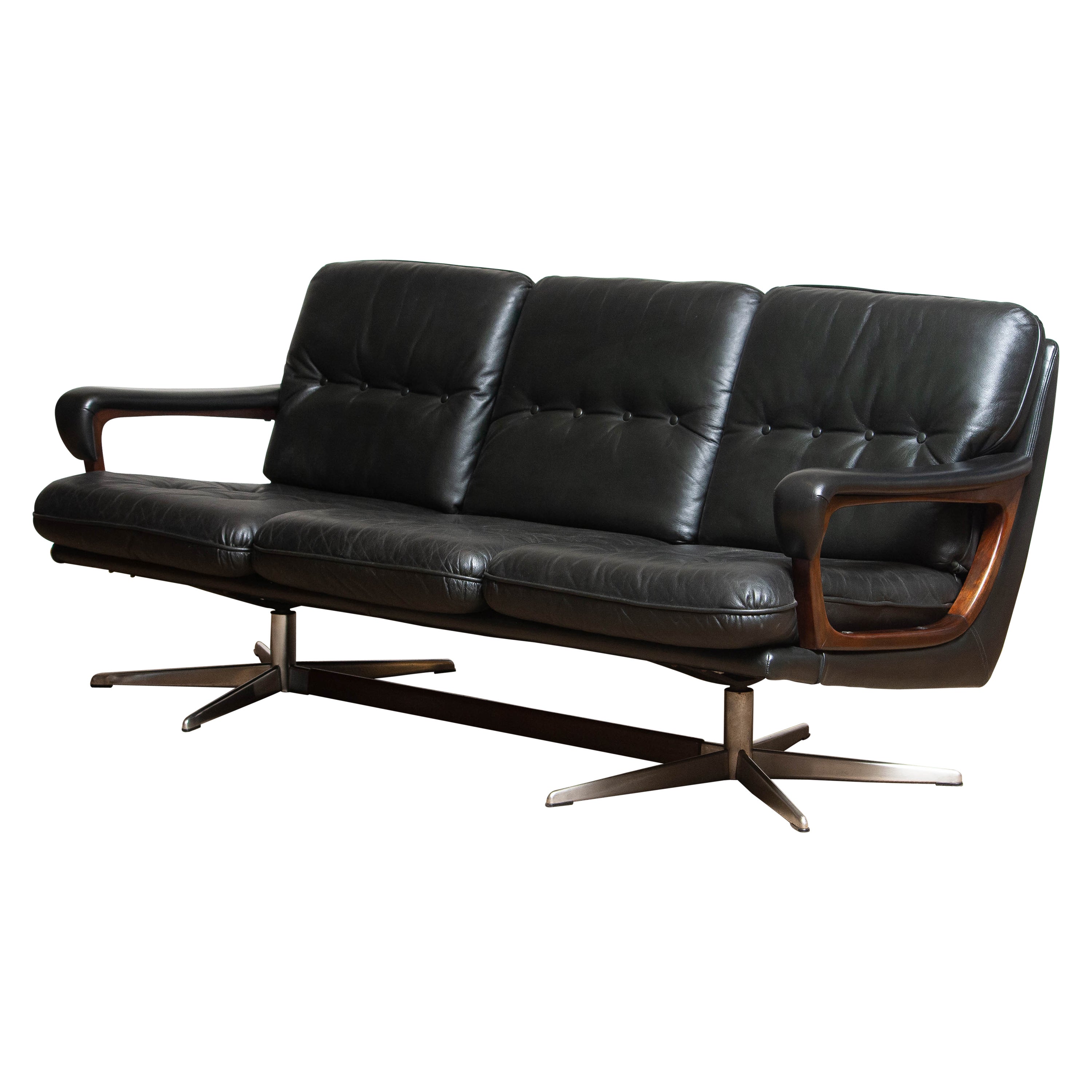 1960's Dark Green Leather Chrome and Teak Three-Seat Sofa by André Vandenbeuck