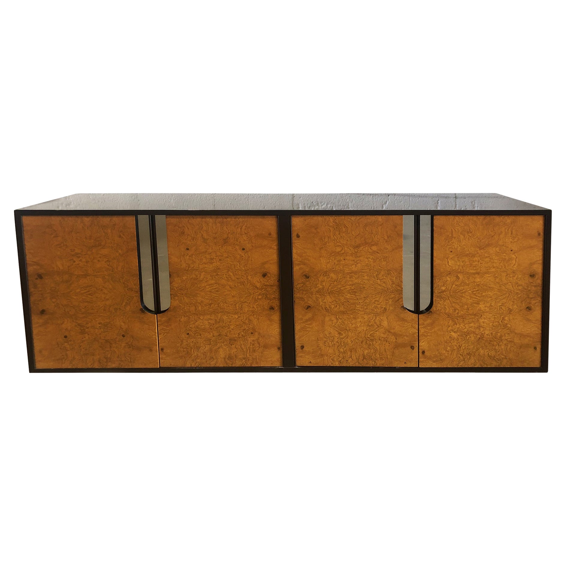 American Modern Burlwood, Black Lacquer and Chrome Credenza, Pace Collection