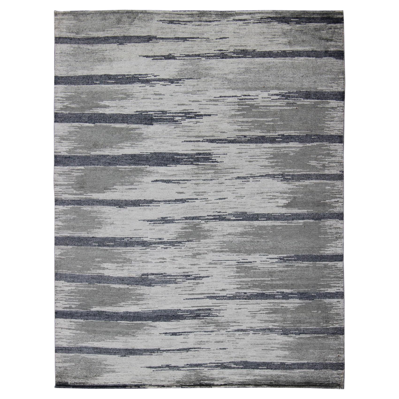 Modern Silk Rug With Gray Blue, Steel Blue, Gray & Taupe in Tiger Striped Design For Sale