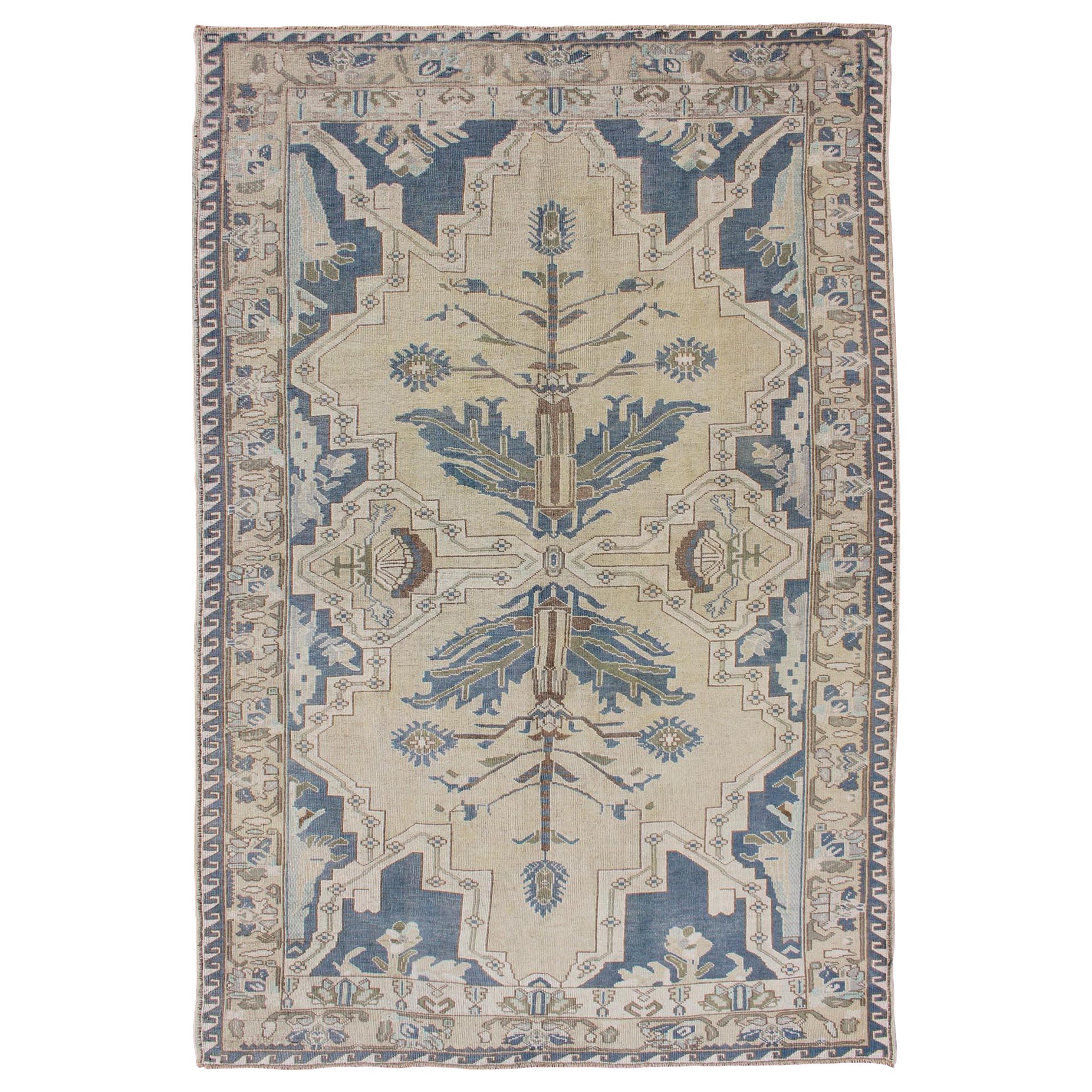 Vintage Turkish Rug with Unique Design in Blue, Taupe, Butter & Neutral Colors