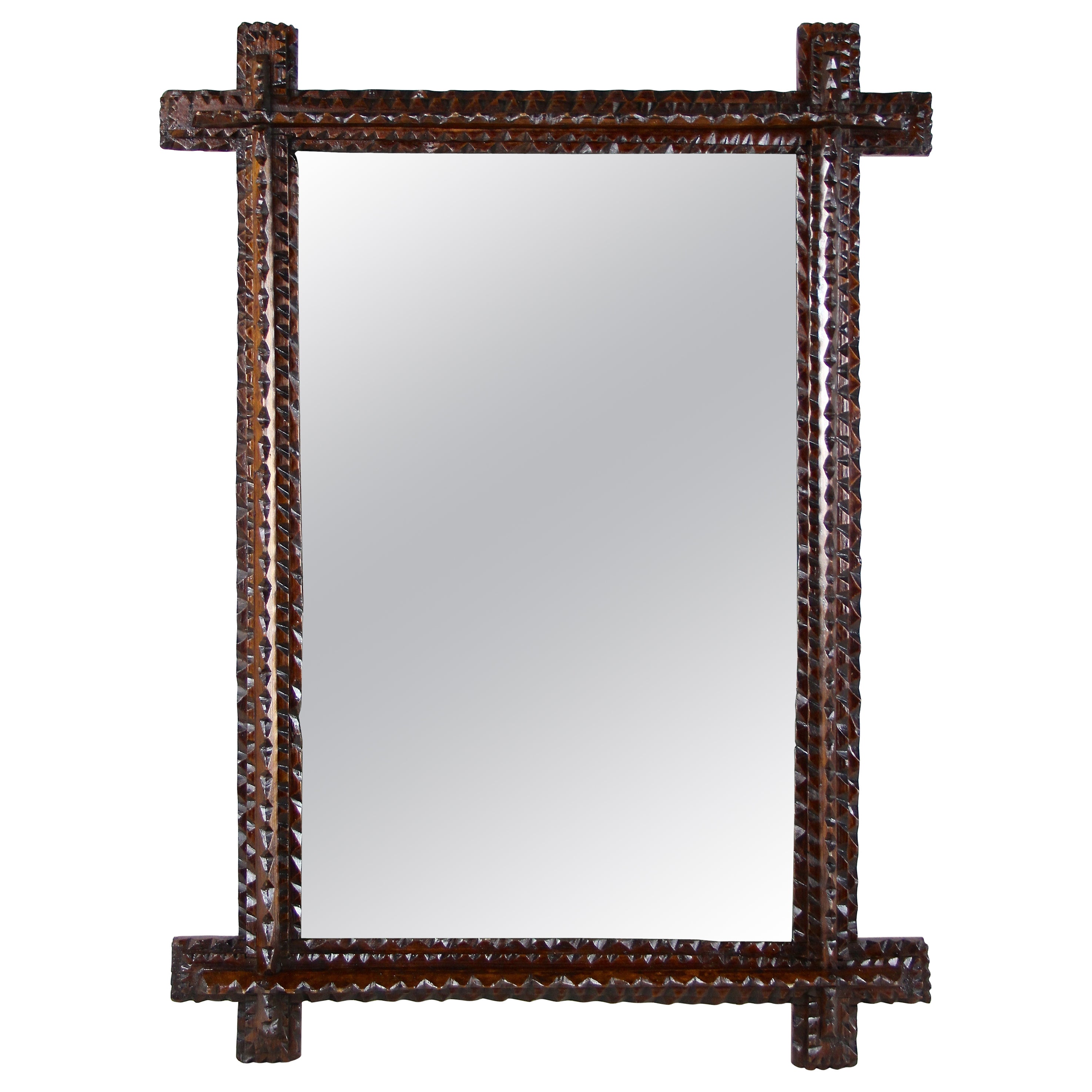 19th Century Tramp Art Rustic Wall Mirror Chip Carved, Austria, circa 1870