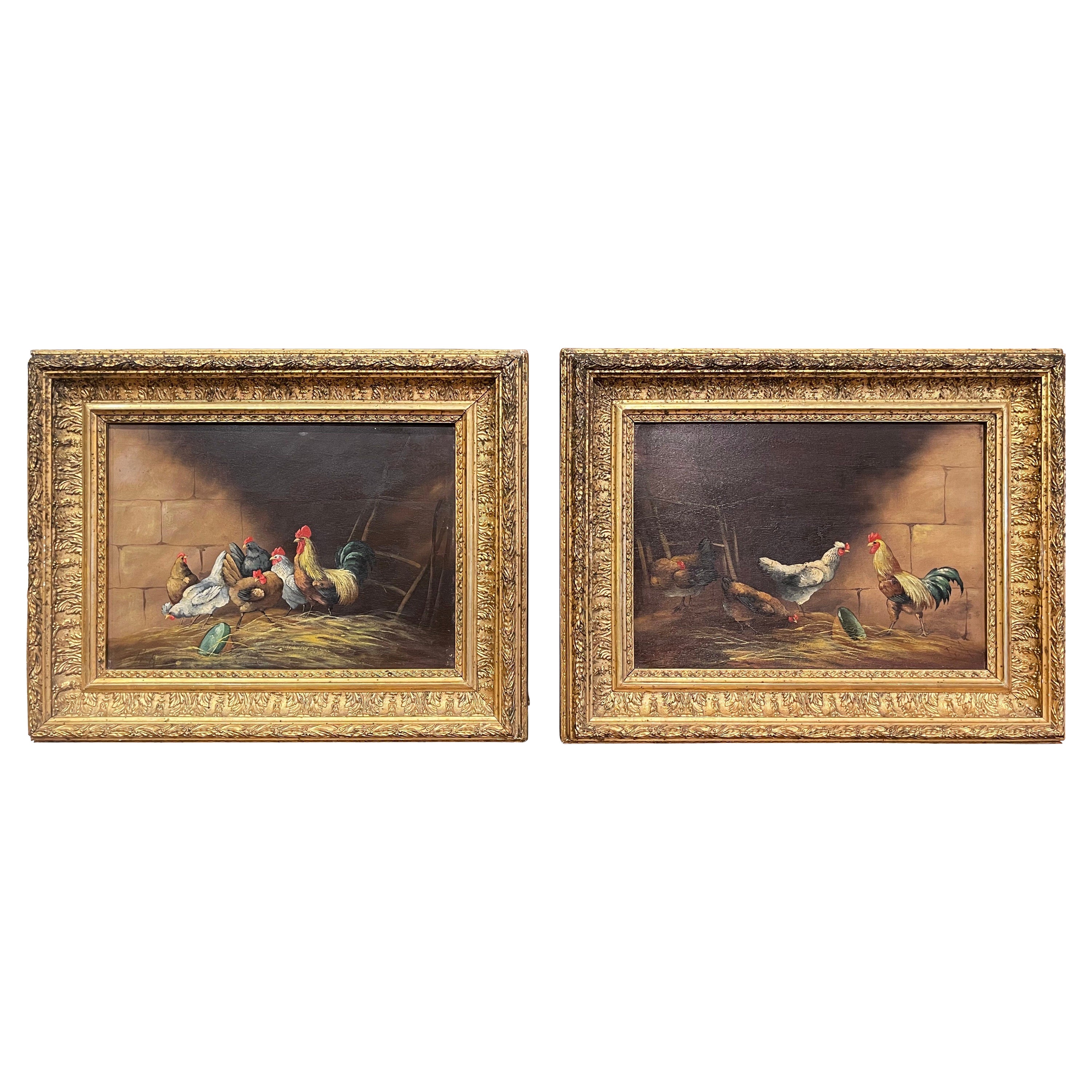 Pair of 19th Century French Chicken Paintings in Giltwood Frames Signed G. A