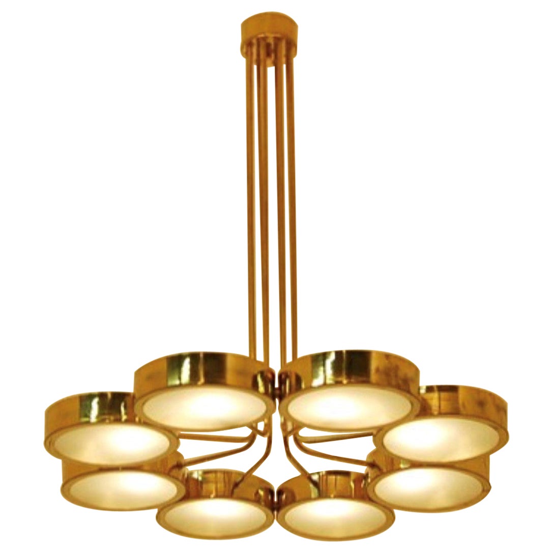 Mid-Century Italian Brass, Opal Glass Chandelier 8-Lits from the 1970s