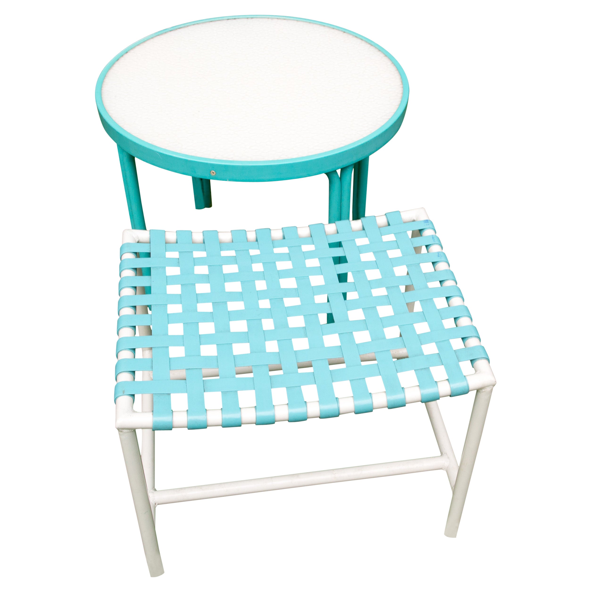 Tropitone Turquoise Webbed Bench & Round Side Table, 1960s For Sale