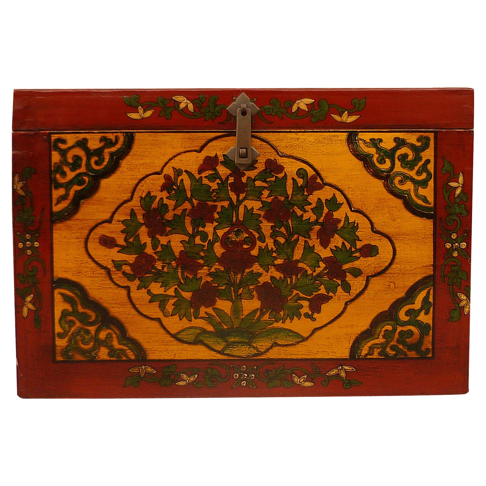 Tibetische große tibetische Schachtel mit handbemaltem polychromem Blumenmotiv