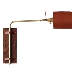 Tan Leather Modern Brass and Walnut Ava Sconce, Hardwired