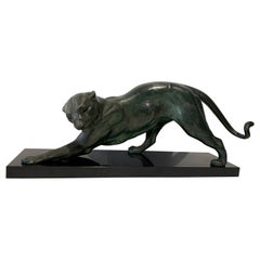 Art Deco Panther Sculpture by Plagnet, White Bronze, Marble, France circa 1925