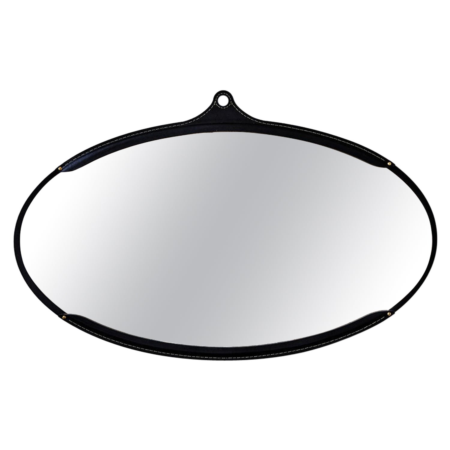 Grand miroir moderne ovale sur pied en cuir noir en vente