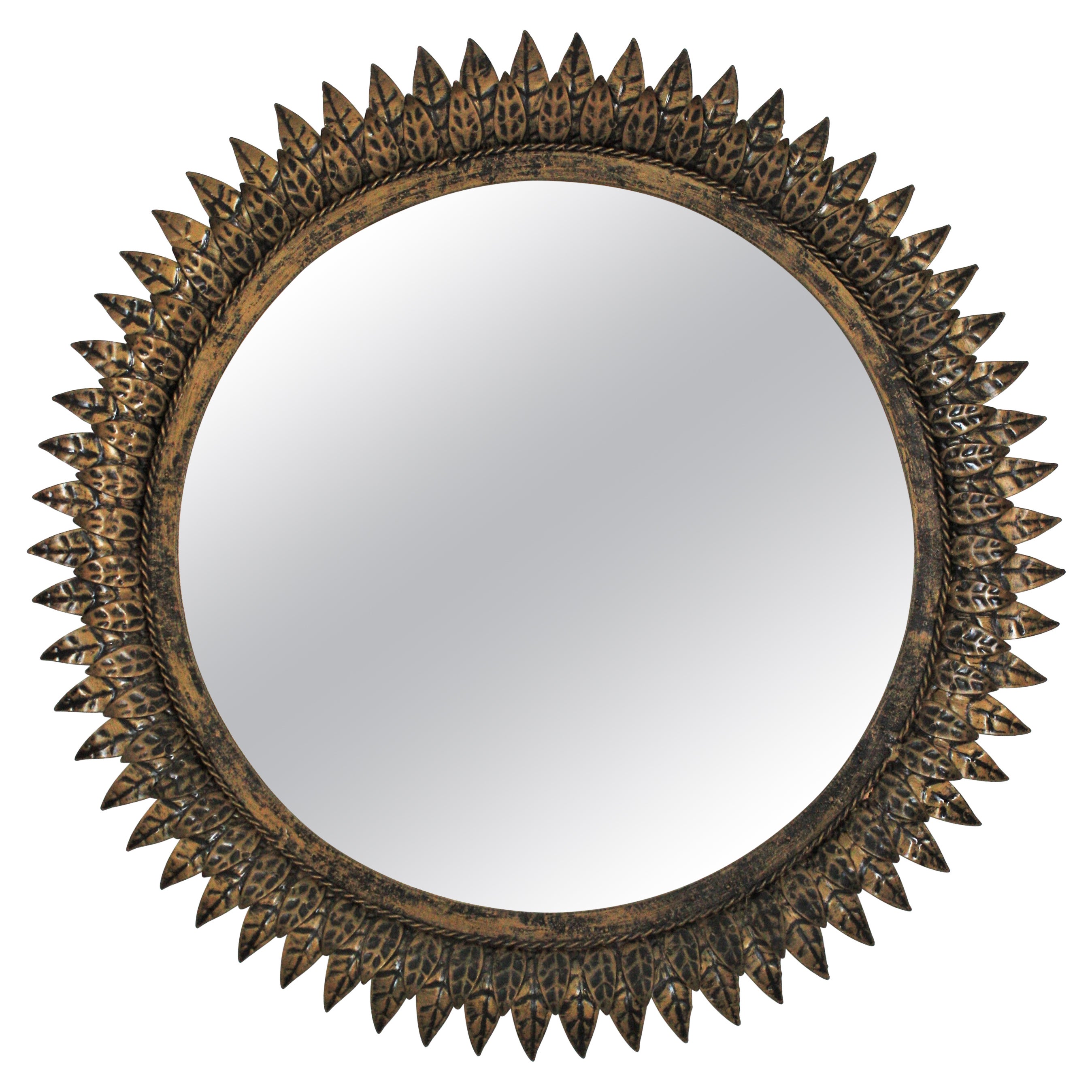 French Sunburst Mirror in Patinated Metal, Style of Line Vautrin