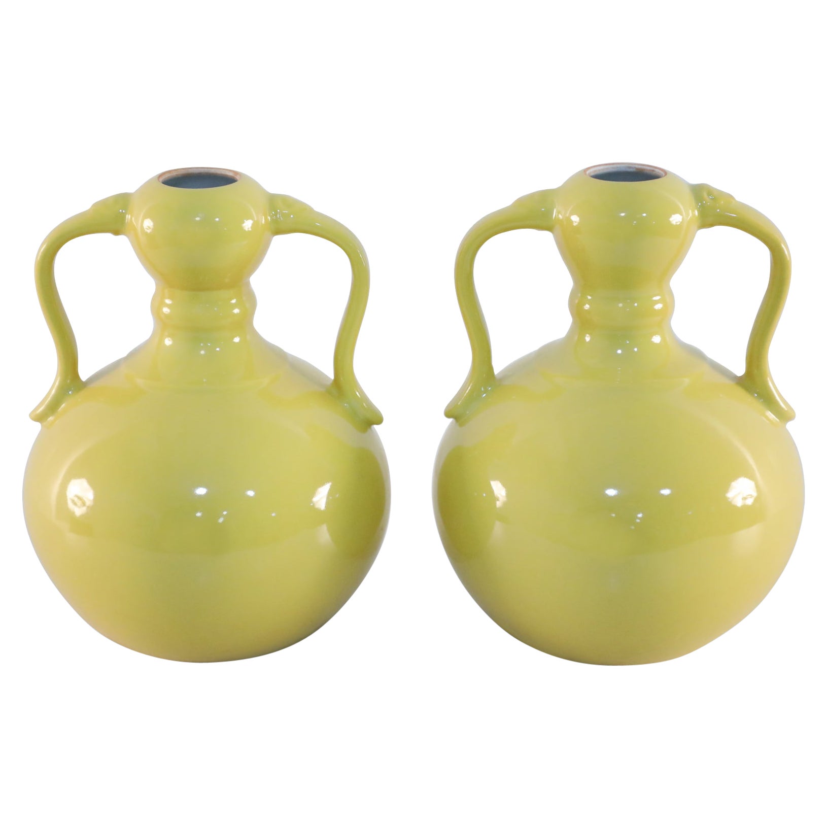 Pair of Chinese Yellow Gourd Shaped Double Handled Porcelain Vases