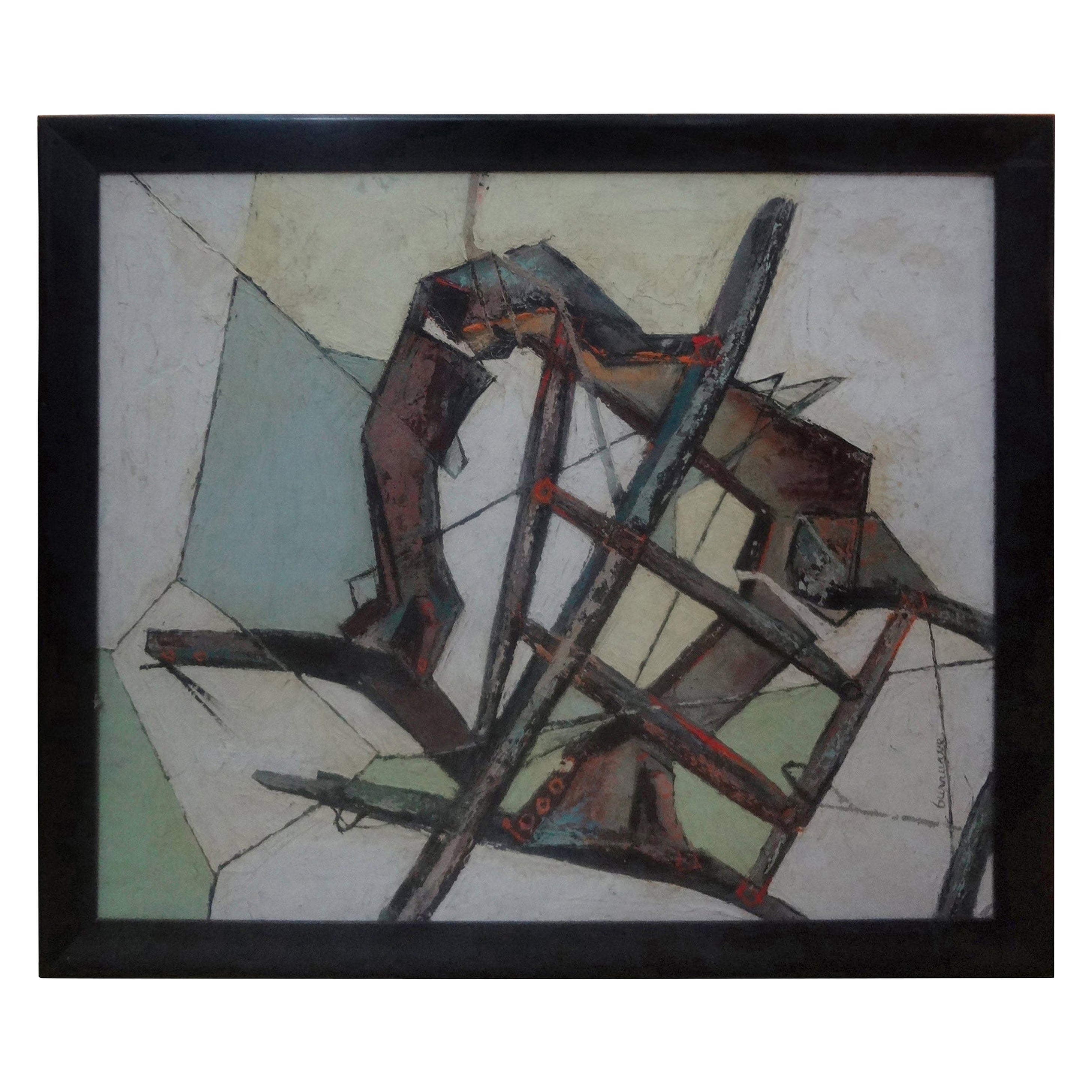 Óleo sobre tabla abstracto enmarcado, moderno de mediados de siglo