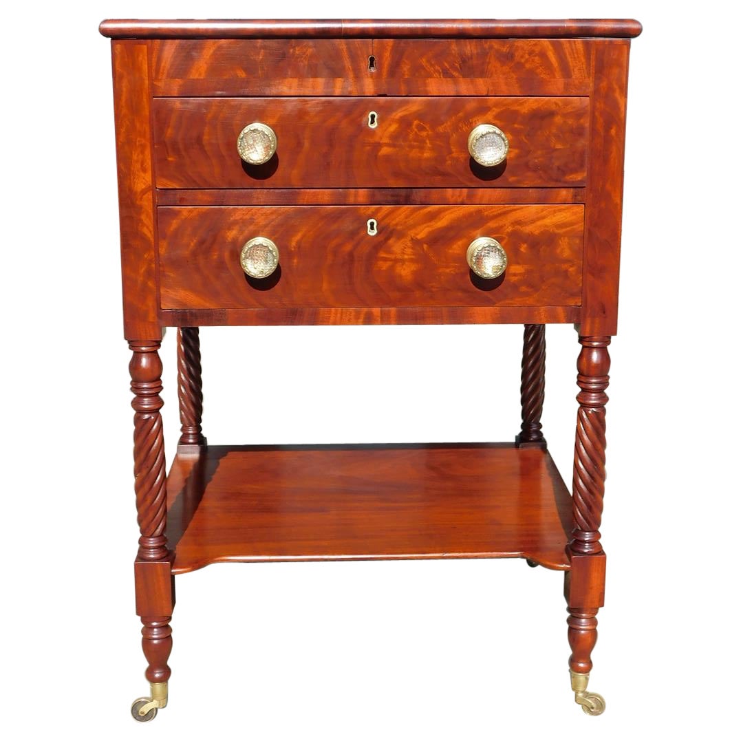 American Mahogany Federal Work Table with Barley Twist Legs on Casters, C. 1810