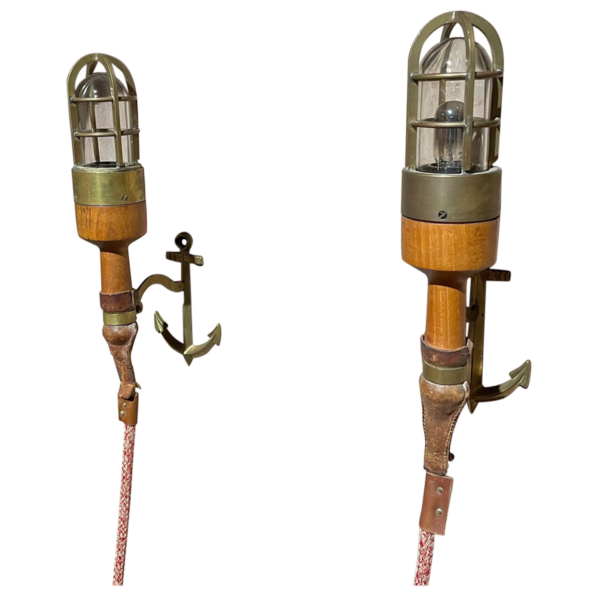 1960s French Modern Bronze Leather Marine Wall Sconces