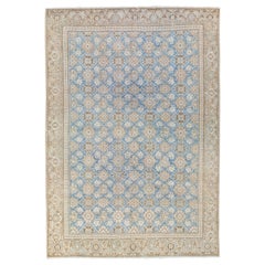Antique Tabriz Persian Blue Handmade Floral Pattern Wool Rug