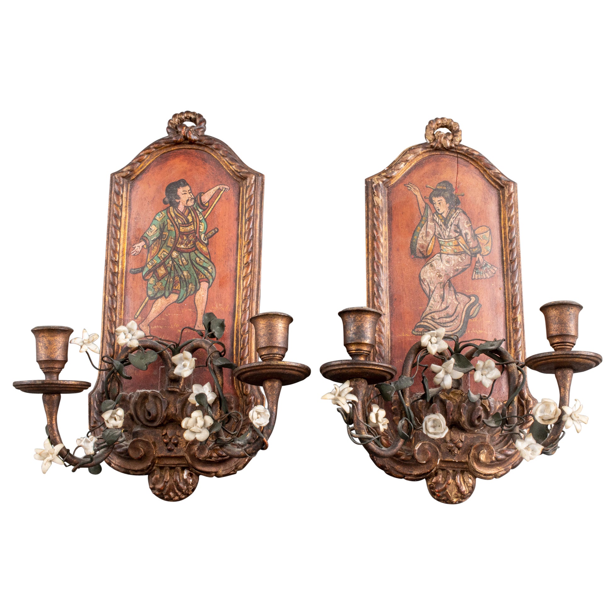 Vintage Chinoiserie Painted Candle Wall Sconces