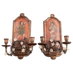 Vintage Chinoiserie Painted Candle Wall Sconces