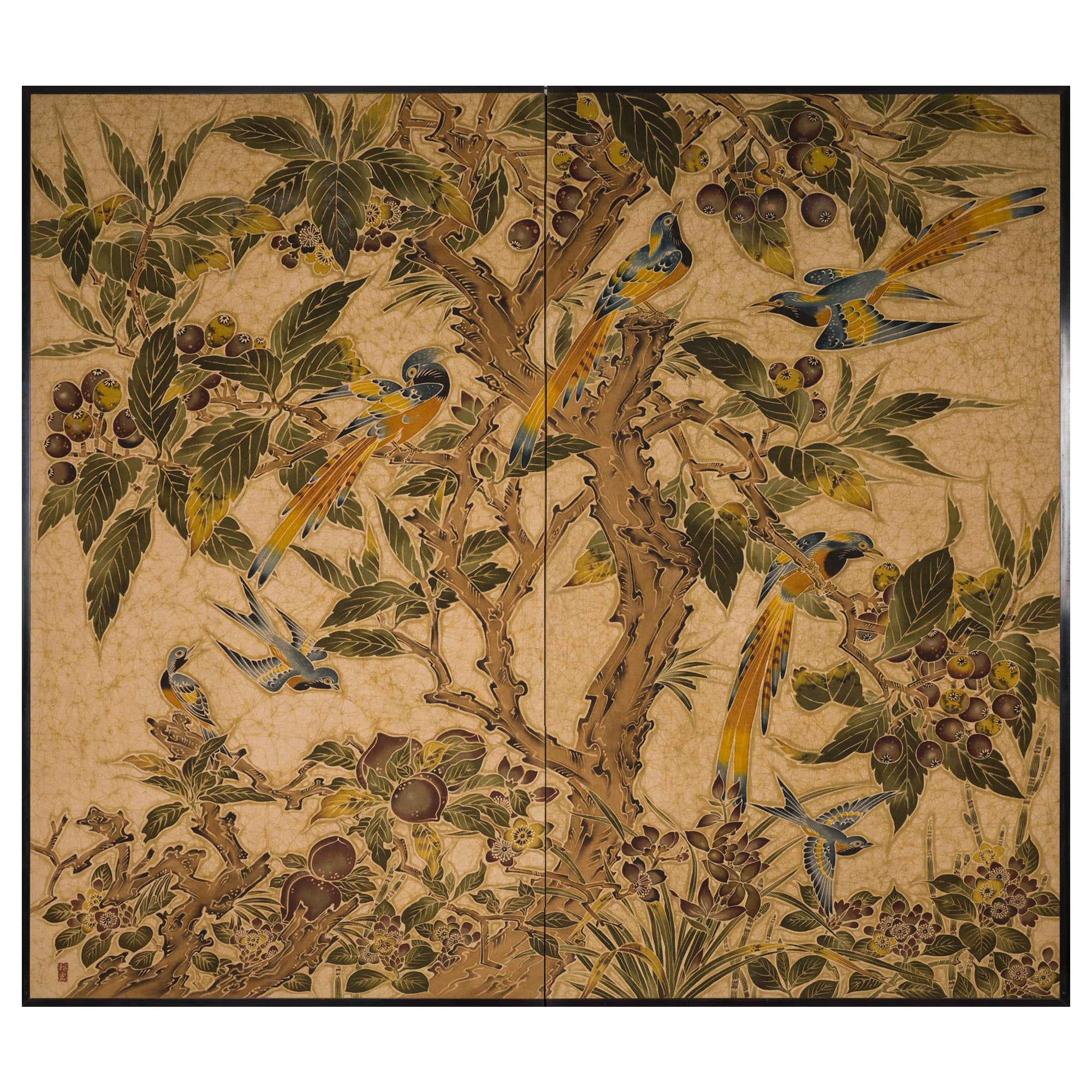 Japanese Two Panel Screen Exotic Birds in a Fruit Tree