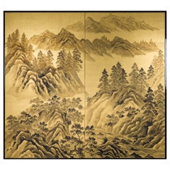 Japanese Two Panel Screen Craggy Mountain Landscape