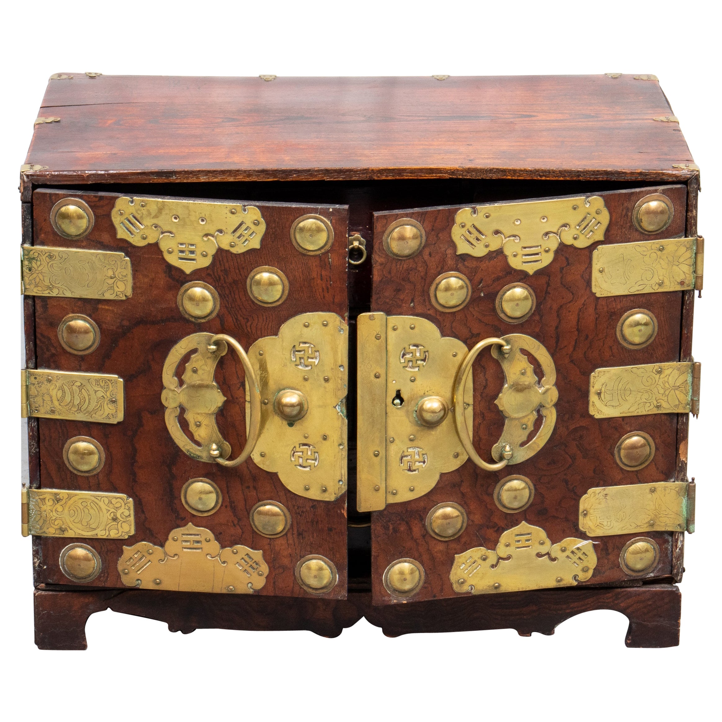 Asian Brass Mounted Hardwood Cabinet For Sale