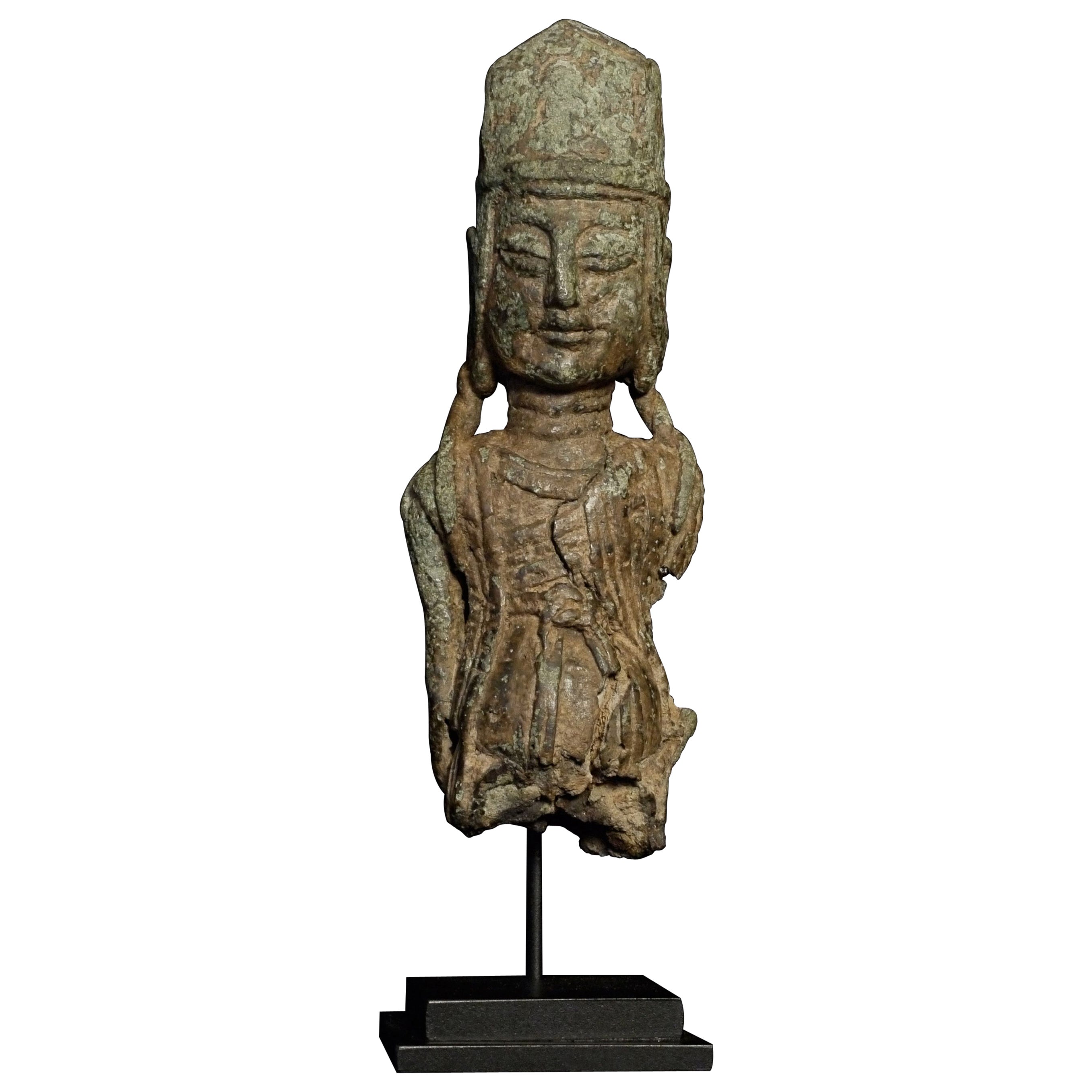 Early Chinese/Silk Road. Bust alone stands 7.5 inches tall. The crown, face, and overall look suggest an extremely early dating-possibly over 1000 years old. . Extremely powerful presence. Would have stood over 15 inches tall!!- Worthy of further