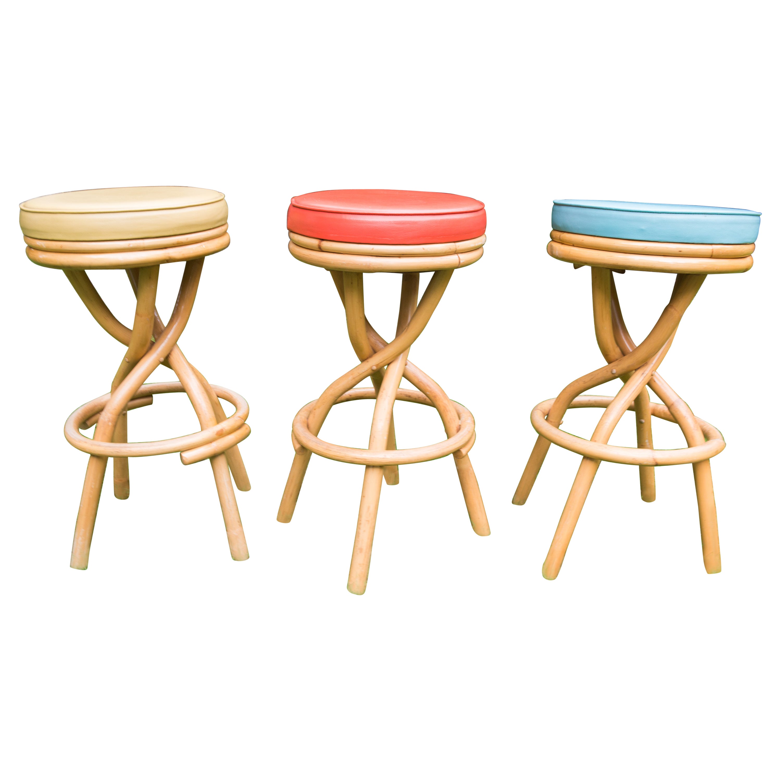 Set of Three Mid-Century Modern Rattan Swivel Stools For Sale