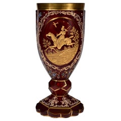 Ruby Antique Glass Goblet, Engraved Cut Hunting Motif of the 19th Century