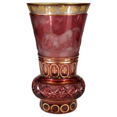 Ruby Goblet-Engraved-Cut and Gilded, Bohemian Glass