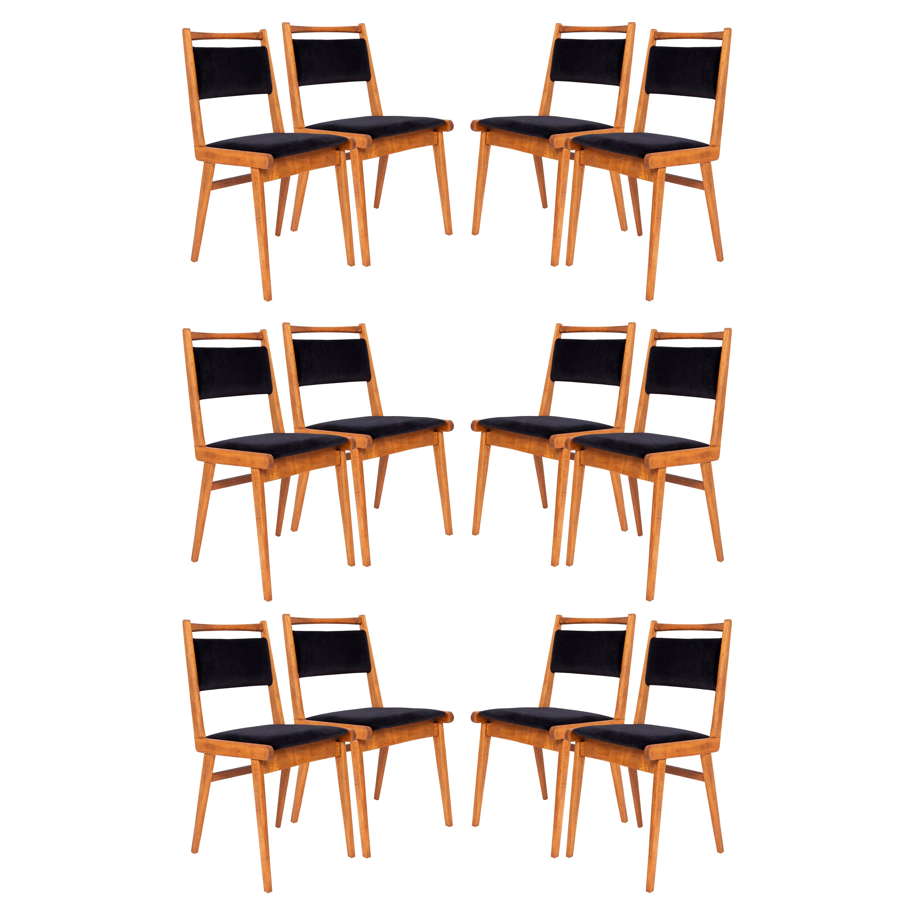 Set of Twelve 20th Century Black Velvet Chairs, Poland, 1960s For Sale