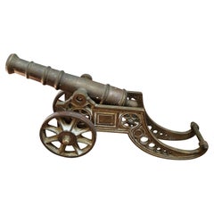 Antique Victorian Solid Brass Miniature Cannon with Working Wheels and Moving Barrel