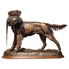 19th Century French Patinated Spelter Hunting Dog with Bird Signed J. Moigniez