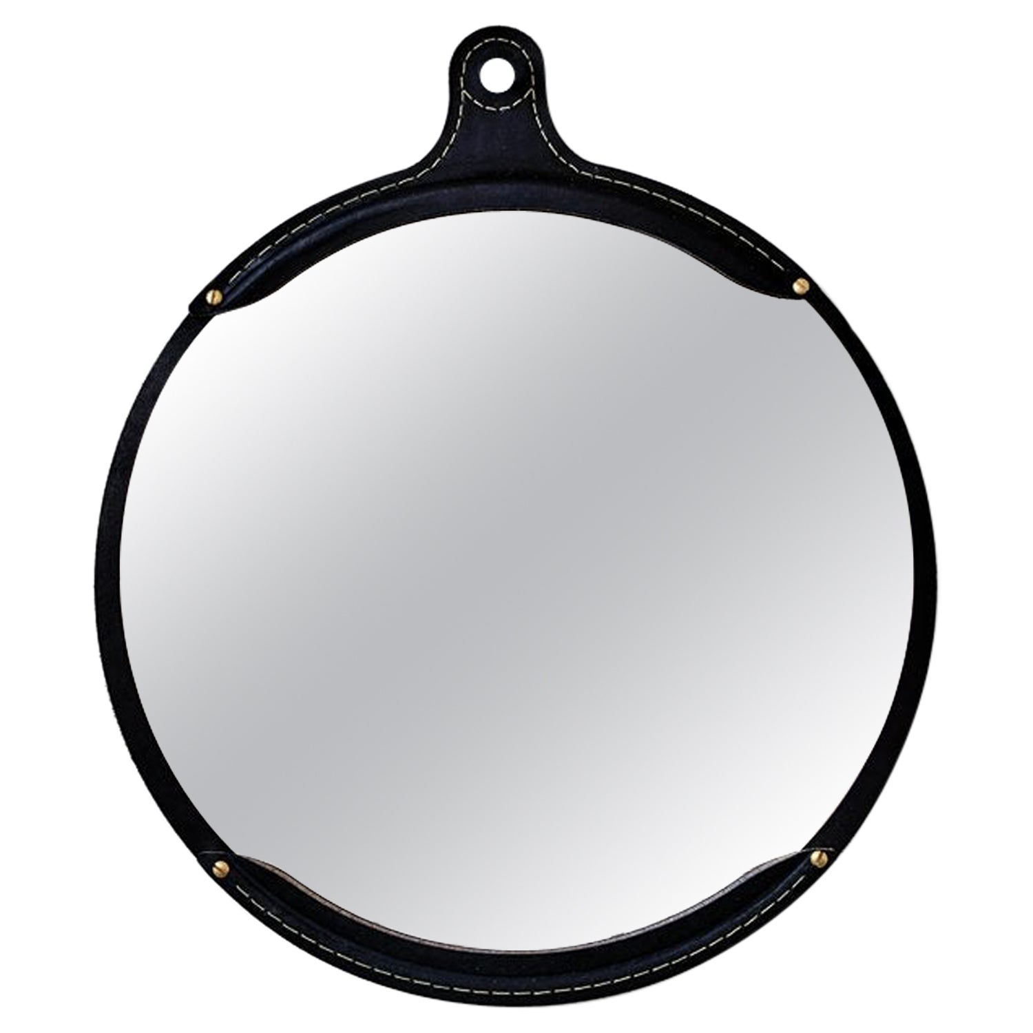 Modern Round Fairmount Mirror in Black Leather For Sale
