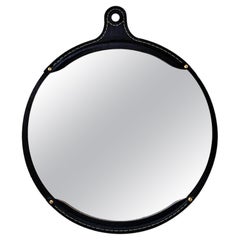 Miroir rond moderne sur pied Fairmount en cuir noir